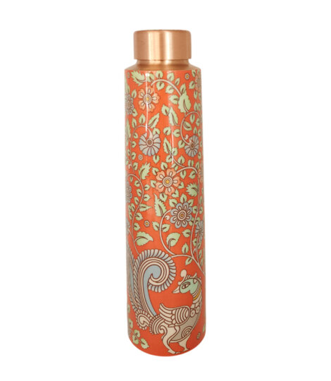 Orange-Traditional-Kalamkari-Art-Pure-Copper-Reusable-Large-Water-Bottle-1