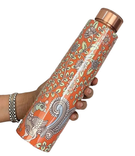 Orange Traditional Kalamkari Art Pure Copper Reusable Large Water Bottle