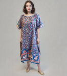 Teal Blue Kalamkari - Vegan Silk Textured Long Kaftan