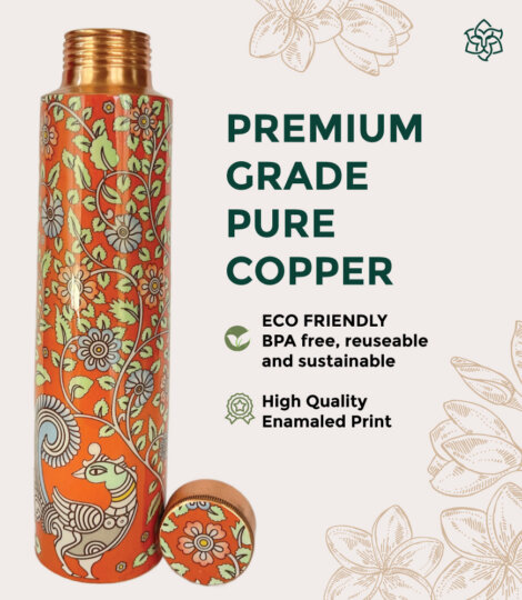 Natural Copper Water Bottle – Orange Kalamkari