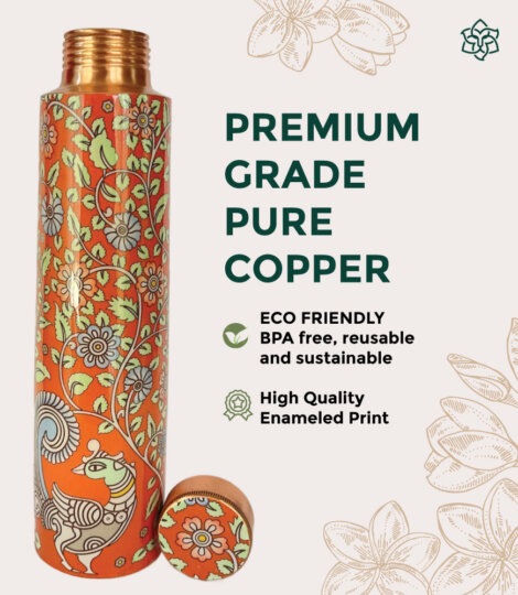 Natural Copper Water Bottle – Orange Kalamkari