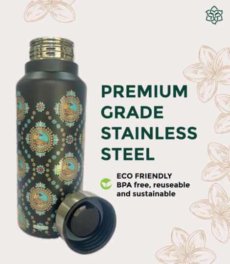 Madhubani Art Black Medium Stainless Steel Water Bottle