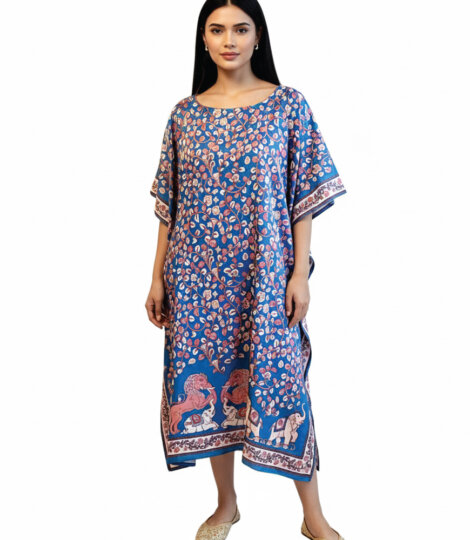 teal-blue-kalamkari-vegan-silk-textured-kaftan-1