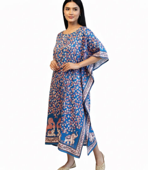 Teal Blue Kalamkari – Vegan Silk Textured Long Kaftan