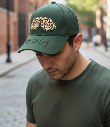 Green Safari Baseball Cap with 3D Fierce Tiger & India Embroidery on Brim