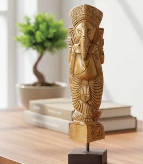 Lord Ganesha Hand Carved Wood Statue Figurine, India Traditional Home Décor Wooden Carving Ganesh Idol Murti on Stand