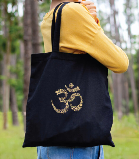 Black Organic Cotton Canvas Tote Bag with Gold OM Floral Embroidery