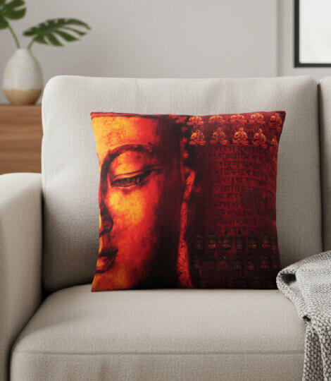 Maatir Velvet Buddha Cushion with Mantra Print – 16×16 Inch Decorative Throw Pillow Cover