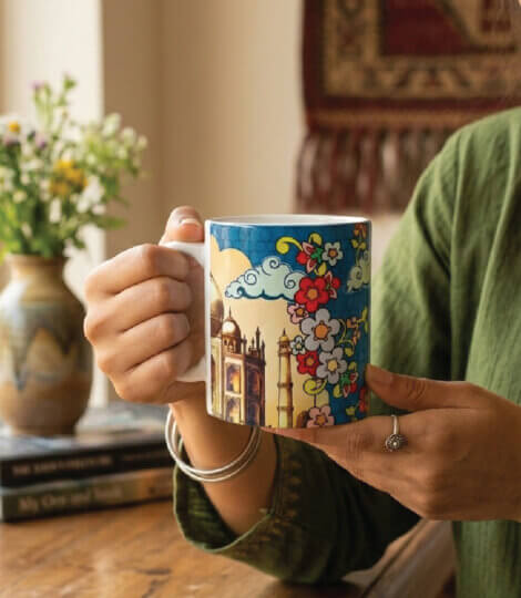Premium Ceramic Coffee and Tea Mug – Elegant Taj Mahal Art with Floral Pop Colours on Blue Background