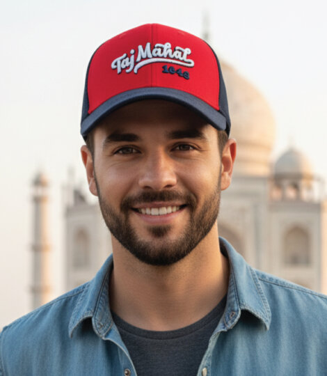 Bright Red & Black Unisex Baseball Cap with 3D Taj Mahal & 1648 Embroidery