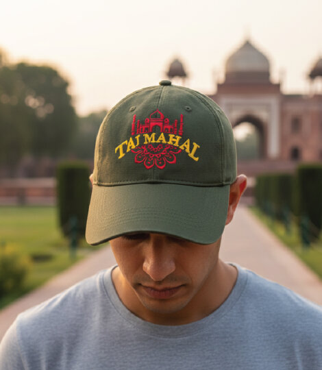 Dark Olive Green Unisex Baseball Cap with Premium Taj Mahal & Mandala Embroidery – Adjustable Cap for Men & Women