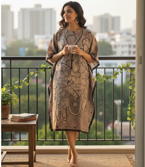 Kalamkari Horse Black & White Long Kaftan