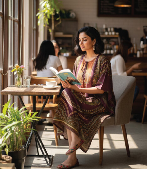 Maroon Floral Ganesha Art Kaftan Dress for Women