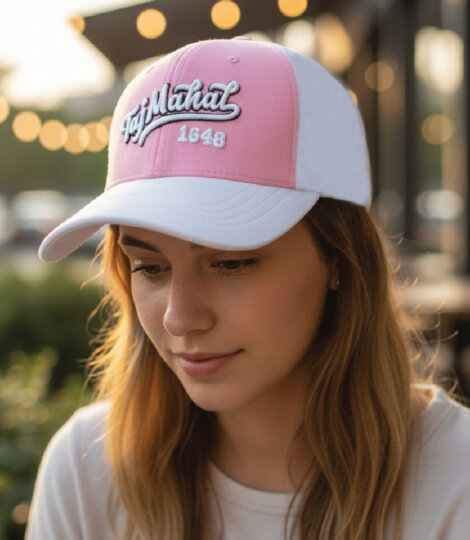 Pale Pink & White Unisex Baseball Cap with 3D Taj Mahal Embroidery – Premium Adjustable Cap for Men & Women