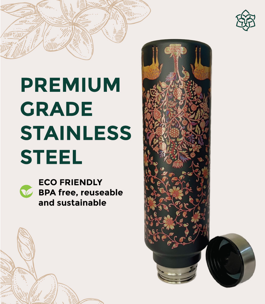 kalamkari-art-stainless-steel-black-gold-water-bottle-2